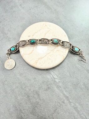 Vintage Revival Egyptian Bracelet Ceramic Blue Scarabs Siver Tone Hieroglyphics